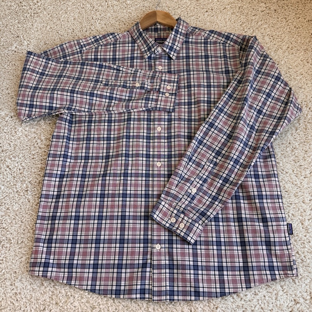 Patagonia Button Down Shirt Mens L Blue Red Plaid Excellent Organic Cotton Blend
